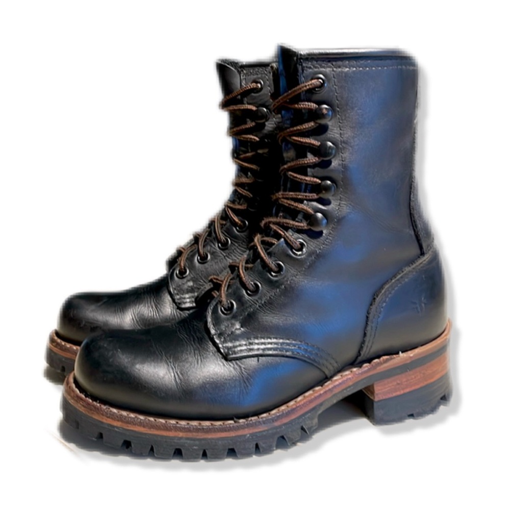 Frye Black Leather Logger Boots